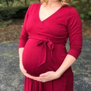 Red Maternity Dress - Maxi 3/4 sleeves faux wrap